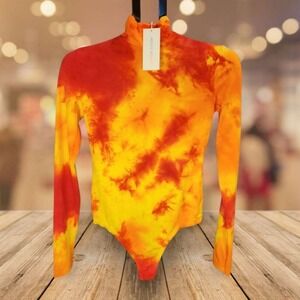 Cotton Citizen Brisbane Orange‎ Tie Dye Mock Neck L/S Thong Bodysuit Medium